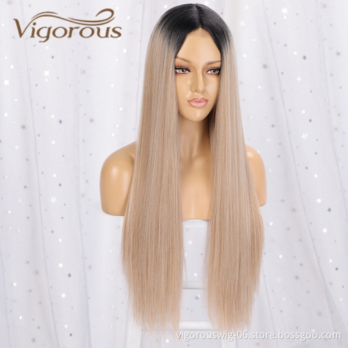 Vigorous Long Straight Deep Part Lace Front Wigs Synthetic Hair Ombre Blonde For Women